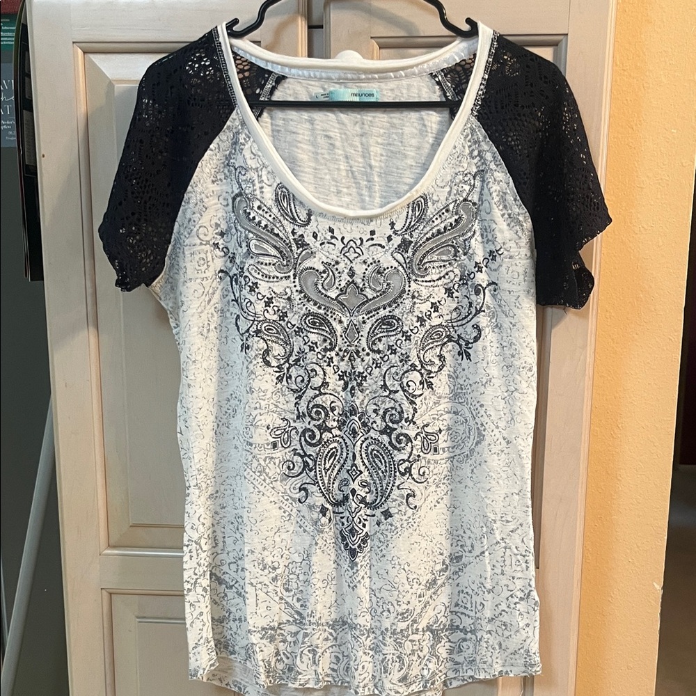 Maurices Navy  and White Patterned Lace Sleeve Top